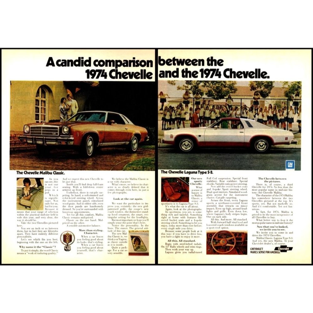 1974 Chevy Chevelle Malibu vs Laguna S-3 2 Page Vintage Print Ad Wall Art Photo